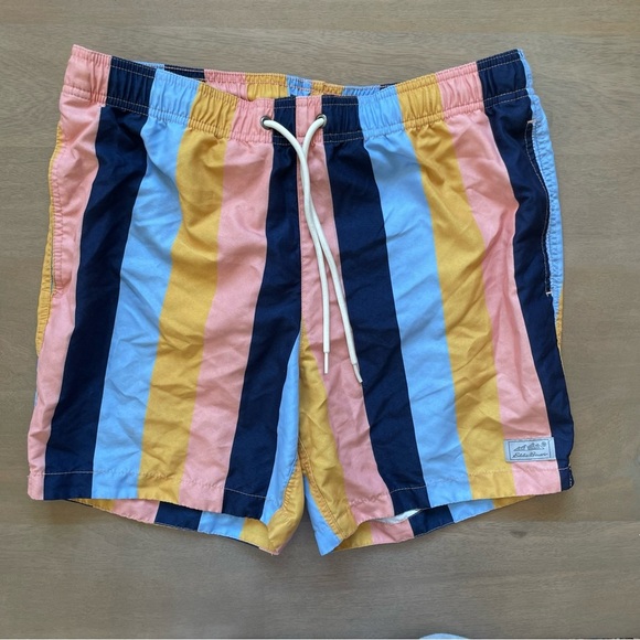 Eddie Bauer Blue and Pink Swim Trunks with Retro Stripes - Picture 1 of 6